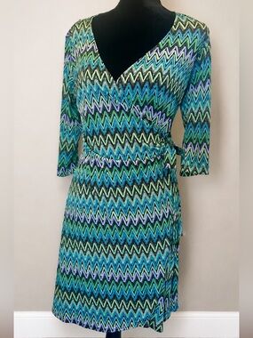 SOHO Apparel Petite Chevron Wrap Dress Blue Green Purple Stretch Size 8P